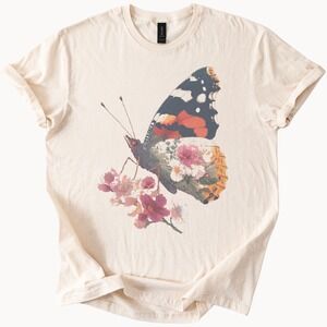 Butterfly on Pink Flowers Graphic Tee Natural Botanical Art